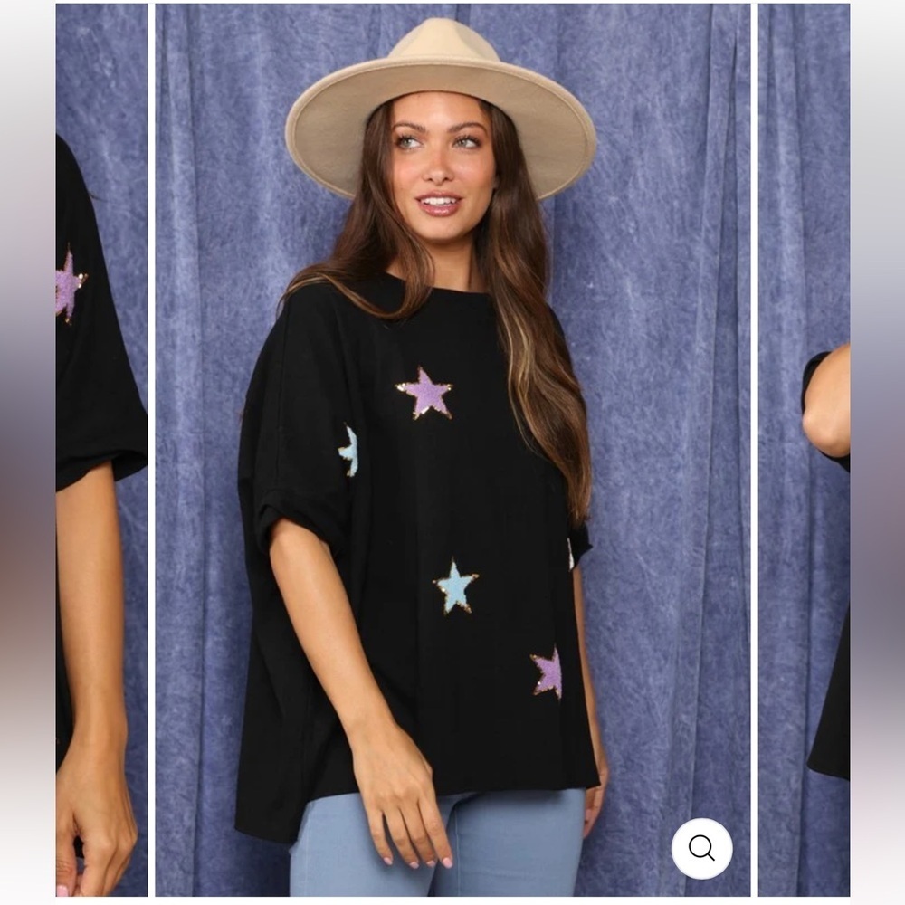 Fantastic Fawn Star Brite Sequin Oversized Top Black Size M - Picture 3 of 9